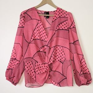 Sheer Front Tie Long Sleeve Blouse, L pink dotted 80s